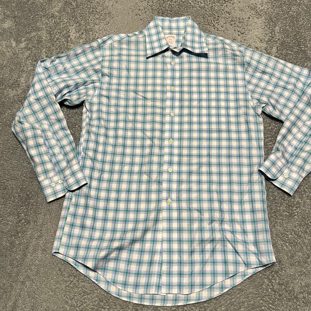 Brooks Brothers 346 Shirt Mens Small Green Blue Plaid Long Sleeve Button